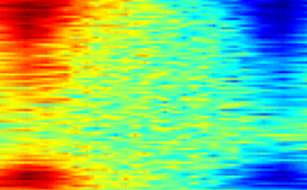 A colourful neurogram shows the spiking activity of brainstem neurons with differing intensity.